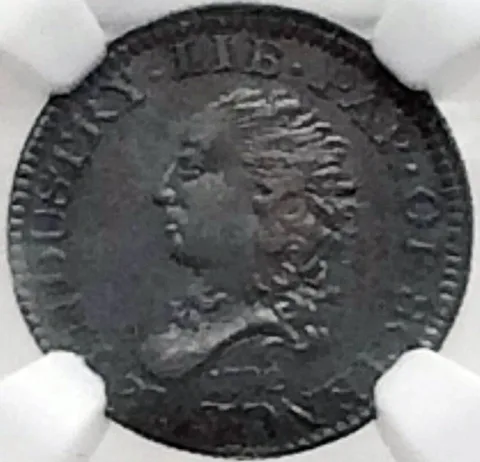 This is a 1792 half disme coin. About 250 are known to exist today -- most of them in low grades. (Approximately 20 uncirculated examples are included in that figure.) The 1782 half disme U.S. coin was replaced in 1794 by the first regular issue half dime -- the Flowing Hair type.