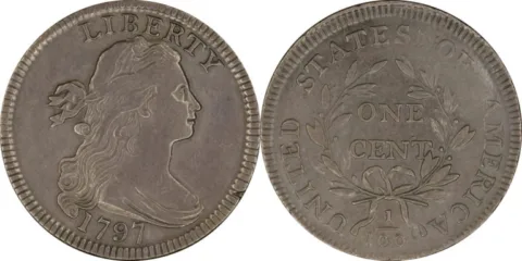 This is a 1797 large cent coin - the first U.S. penny