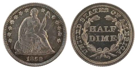 1858 Seated Liberty half dime. photo is public domain 1858 Seated Liberty half dime