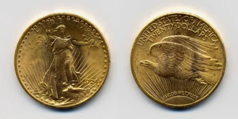 The 1924 Saint-Gaudens double eagle coin is a good example of a regular relief coin.