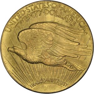 This is the reverse of a 1933 $20 Saint Gaudens Double Eagle gold coin - $20 gold coin.