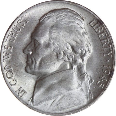 This is a 1945 silver war nickel. Image courtesy of CCF Numismatics This is a 1945 wartime silver nickel.