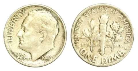 1946-roosevelt-dime 1946 Roosevelt dime - this was the first year Roosevelt dimes were made.