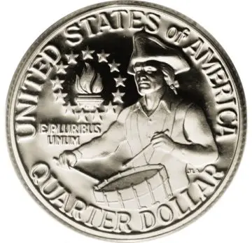 The 1976 Bicentennial quarter has a 1776-1976 dual date on the obverse and this special design of a colonial drummer boy on the reverse. Bicentennial quarters were made in 1975 and 1976. 