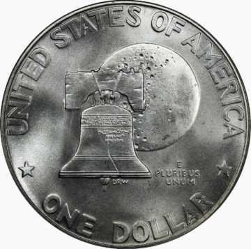 The 1976 Type I dollar coin shows blocky, sans-serif dollar inscriptions on the reverse. public domain image 1976 Type I dollar coin