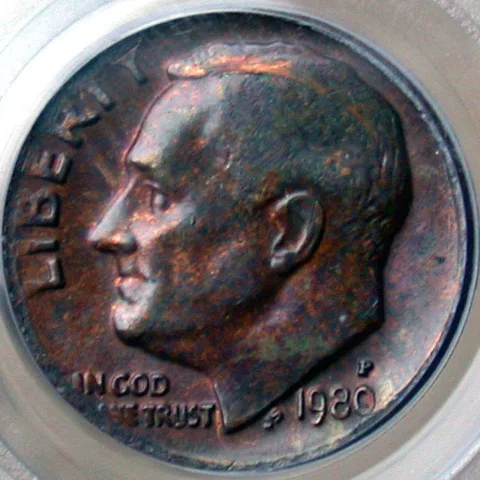 1980 dime with obverse missing clad layer