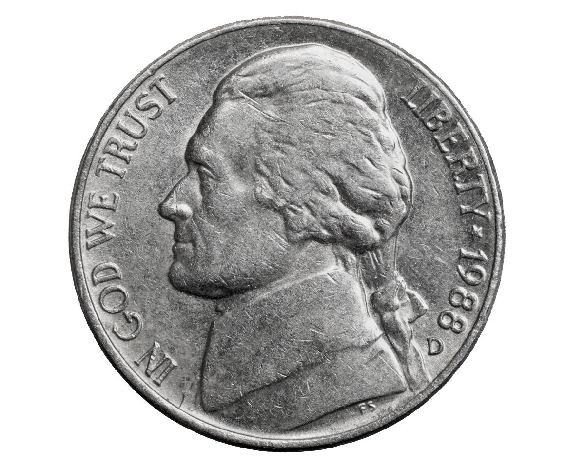 Closeup of a 1988-D nickel. Find out how much your 1988 nickels are worth there!