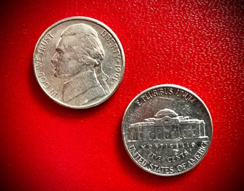 Notice the little letter underneath the date on this 1991 nickel? That's the mintmark. In this case, the "P" indicates the coin was made at the Philadelphia Mint.