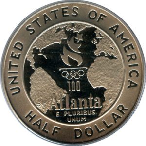 The reverse of the 1995 Olympic Basketball half dollar shows honors the centennial of the modern Olympic Games in 1996. public domain photo.