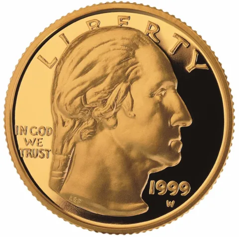 In 1999, the U.S. Mint used Laura Fraser's 1932 Washington design for a gold commemorative coin.