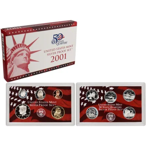 A 2001 silver proof set of 50 State Quarters