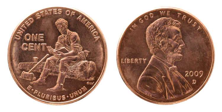 This is the second penny in the 4-coin 2009 Lincoln Bicentennial cent series. The 2009 Formative Years Lincoln cent depicts Lincoln's humble early boyhood home. That first home was a Kentucky log cabin that can be seen on the 2009 Early Childhood Lincoln Log Cabin penny. 