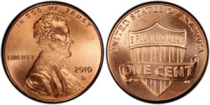 This is the 2010 Lincoln Shield penny - the first year the shield appeared on U.S. pennies.