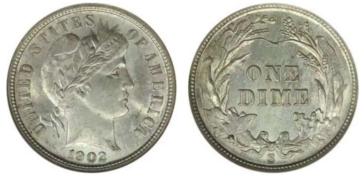1902 Barber dime obverse and reverse Photo is public domain on Wikimedia.
