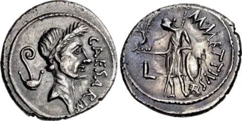This Julius Caesar denarius coin is from 44 BC. 