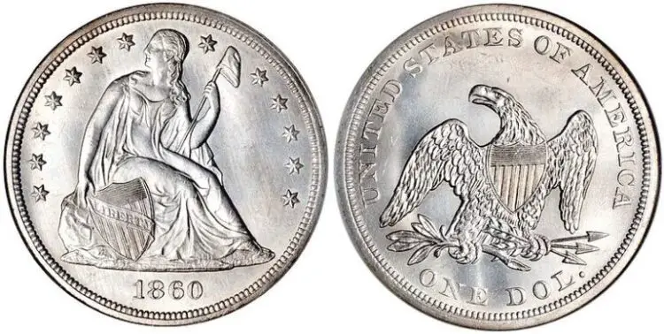 The Seated Liberty dollar has the eagle on the reverse as opposed to the wreath on the reverse of the Liberty Seated dime.