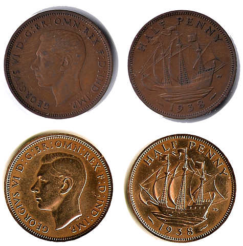 Coin cleaning can lead to drastic results, as seen here in the before and after shots of this copper British half penny coin.
