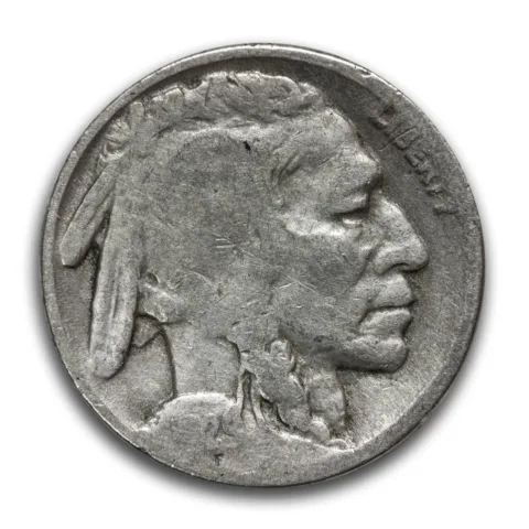 A closeup example of a dateless buffalo nickel - obverse.