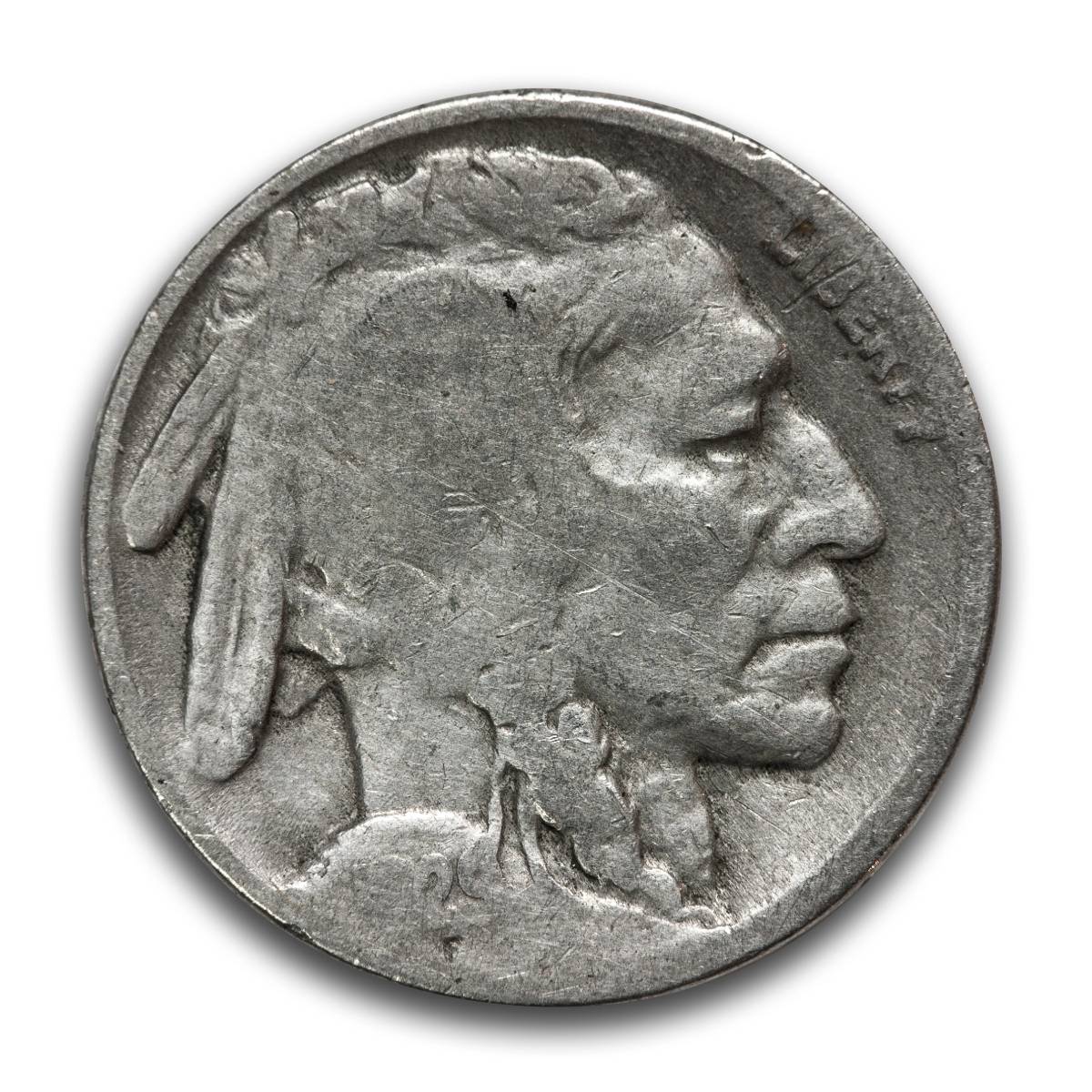 A closeup example of a dateless buffalo nickel - obverse.
