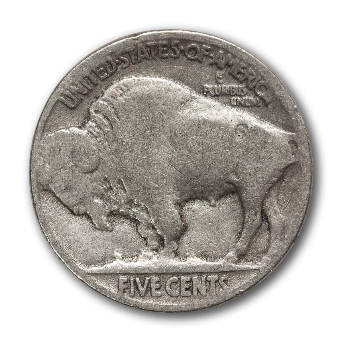 A closeup example of a dateless buffalo nickel - reverse.