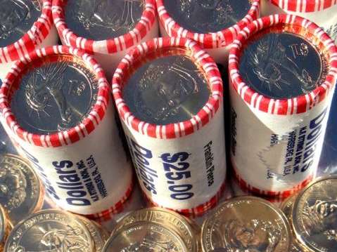 Dollar coin rolls - bank rolls of dollar coins cost  apiece and contain 25 coins