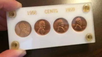 Here are 4 pennies. They may look the same, but they are distinctly different - 1958, 1958-D, 1959, and 1959-D. The 1958 pennies have the wheat ear reverse, and the 1958 cents feature the Lincoln Memorial. Coin values are different for each of these. 