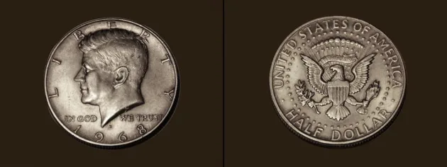 The Kennedy half dollar, struck since 1964, depicts the Presidential Seal, which is an adaptation of the Great Seal of the United States. Both feature the phrase "E Pluribus Unum." 