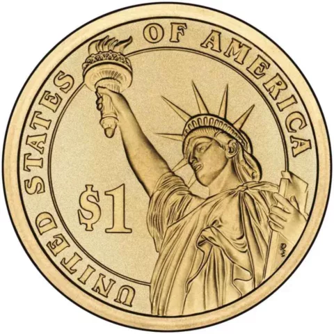 The tails (reverse) of the Abraham Lincoln Presidential dollar. 