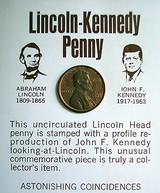The Lincoln-Kennedy penny affixed to a card listing similarities between the two presidents.