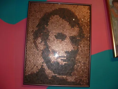 Artwork made of Abraham Lincoln from Lincoln pennies. 