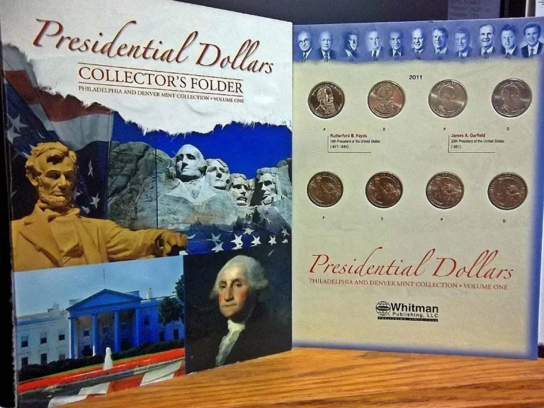 This Presidential Dollars folder is one example of a coin set. This is a coin folder filled with Presidential Dollar coins. 