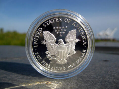 This is the reverse of a proof American Silver Eagle coin. 