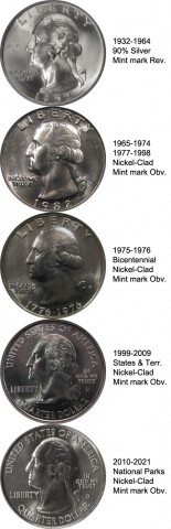 These are different types of Washington quarters. Some Washington quarters are rare and valuable.