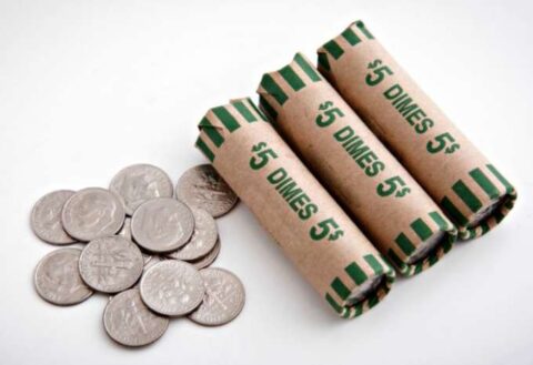 rolls-of-dimes Dime coin rolls - bank rolls of dimes cost $5 apiece and contain 50 coins