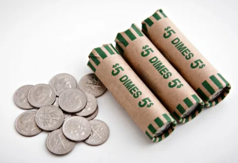 Dime coin rolls - bank rolls of dimes cost $5 apiece and contain 50 coins