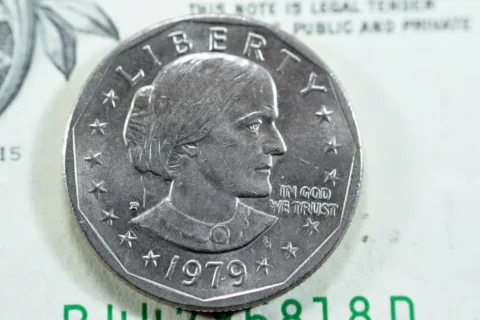 Closeup of a 1979 Susan B. Anthony dollar coin.