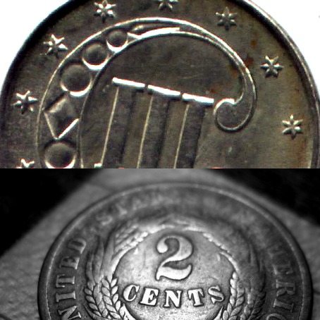 A US 3-cent coin and US 2-cent coin. 